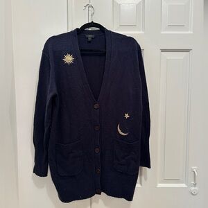 J. Crew Dark Blue Oversized Cardigan with Star and Moon Design